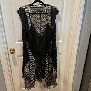 Adore Mesh Cardigan Vest Black White lace Sleeveless Art to Wear Artsy small